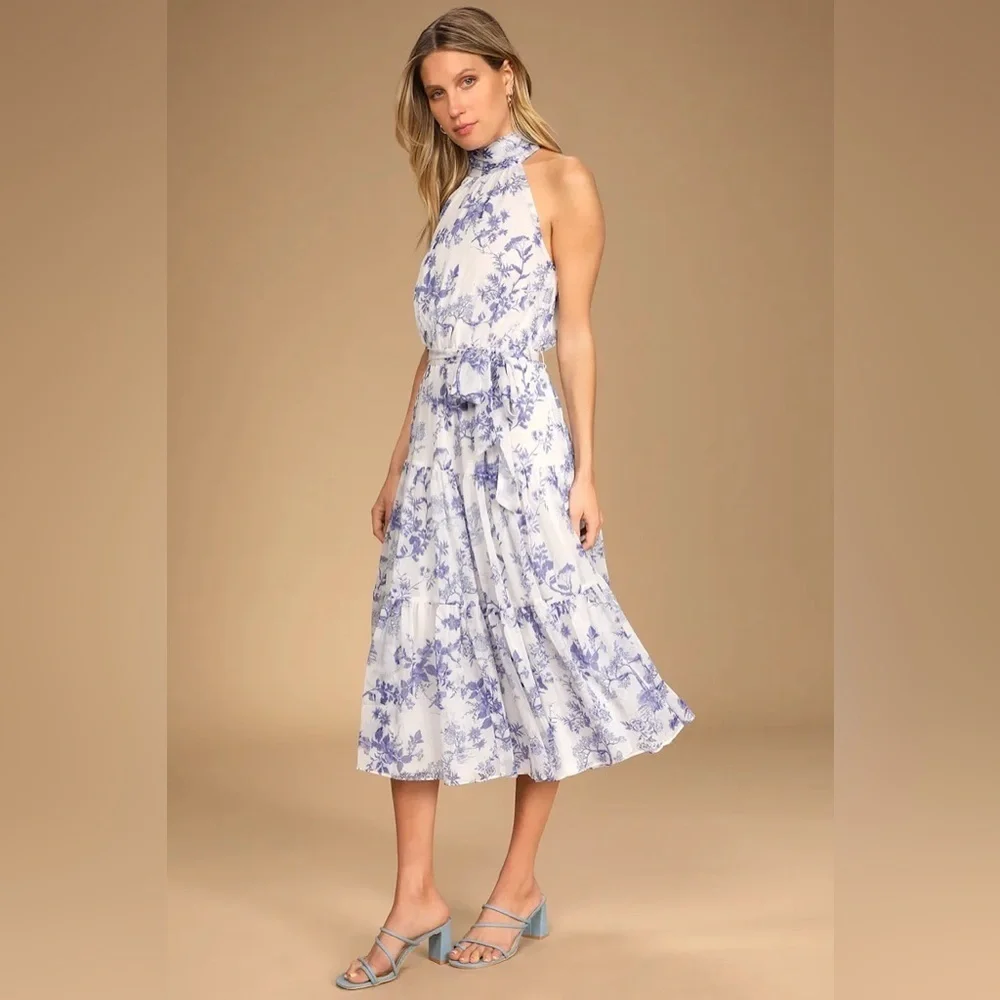 Lulus Float to You White Floral Print Halter Tiered Midi Dress